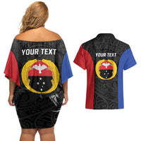 Personalised PNG Gulf Province Couples Matching Off Shoulder Short Dress and Hawaiian Shirt Bird of Paradise Tattoo Flag Motif - Polynesian Pride