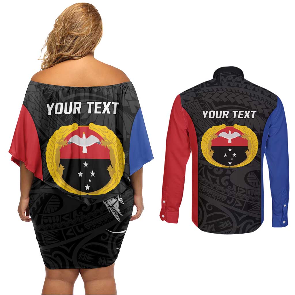 Personalised PNG Gulf Province Couples Matching Off Shoulder Short Dress and Long Sleeve Button Shirt Bird of Paradise Tattoo Flag Motif - Polynesian Pride