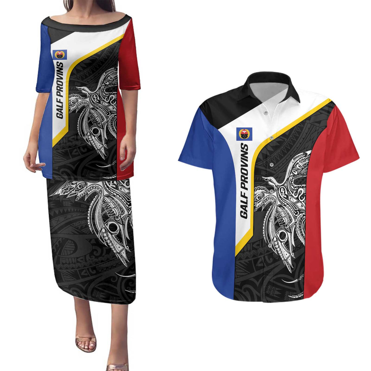Personalised PNG Gulf Province Couples Matching Puletasi and Hawaiian Shirt Bird of Paradise Tattoo Flag Motif - Polynesian Pride