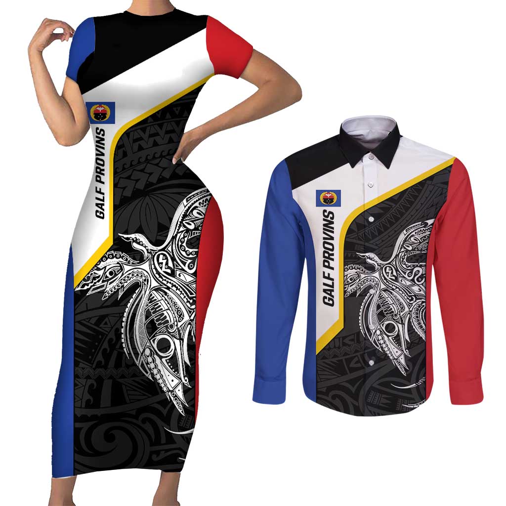 Personalised PNG Gulf Province Couples Matching Short Sleeve Bodycon Dress and Long Sleeve Button Shirt Bird of Paradise Tattoo Flag Motif - Polynesian Pride