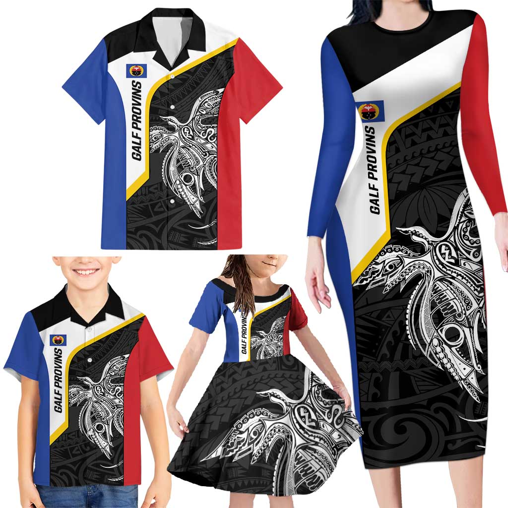 Personalised PNG Gulf Province Family Matching Long Sleeve Bodycon Dress and Hawaiian Shirt Bird of Paradise Tattoo Flag Motif - Polynesian Pride