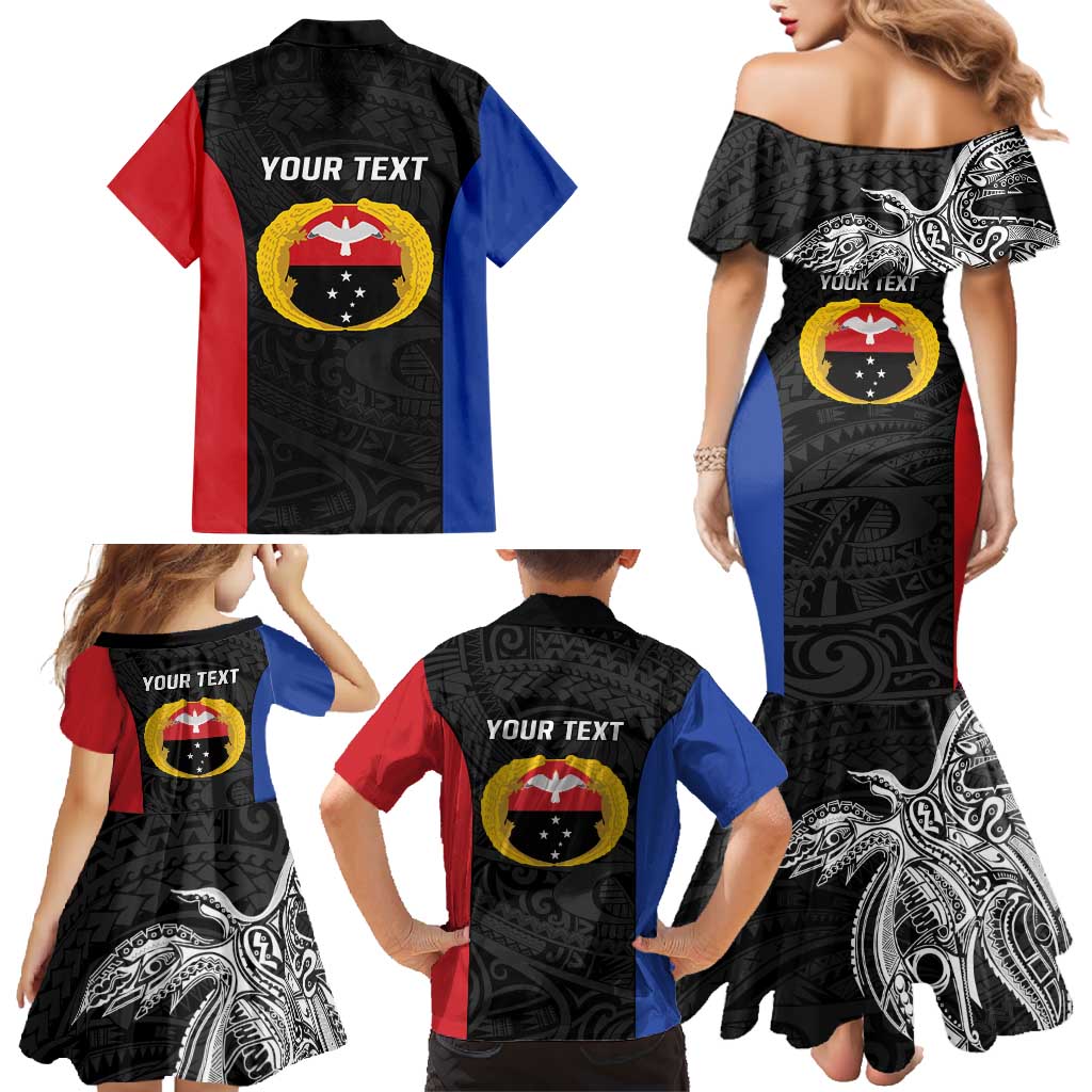 Personalised PNG Gulf Province Family Matching Mermaid Dress and Hawaiian Shirt Bird of Paradise Tattoo Flag Motif - Polynesian Pride