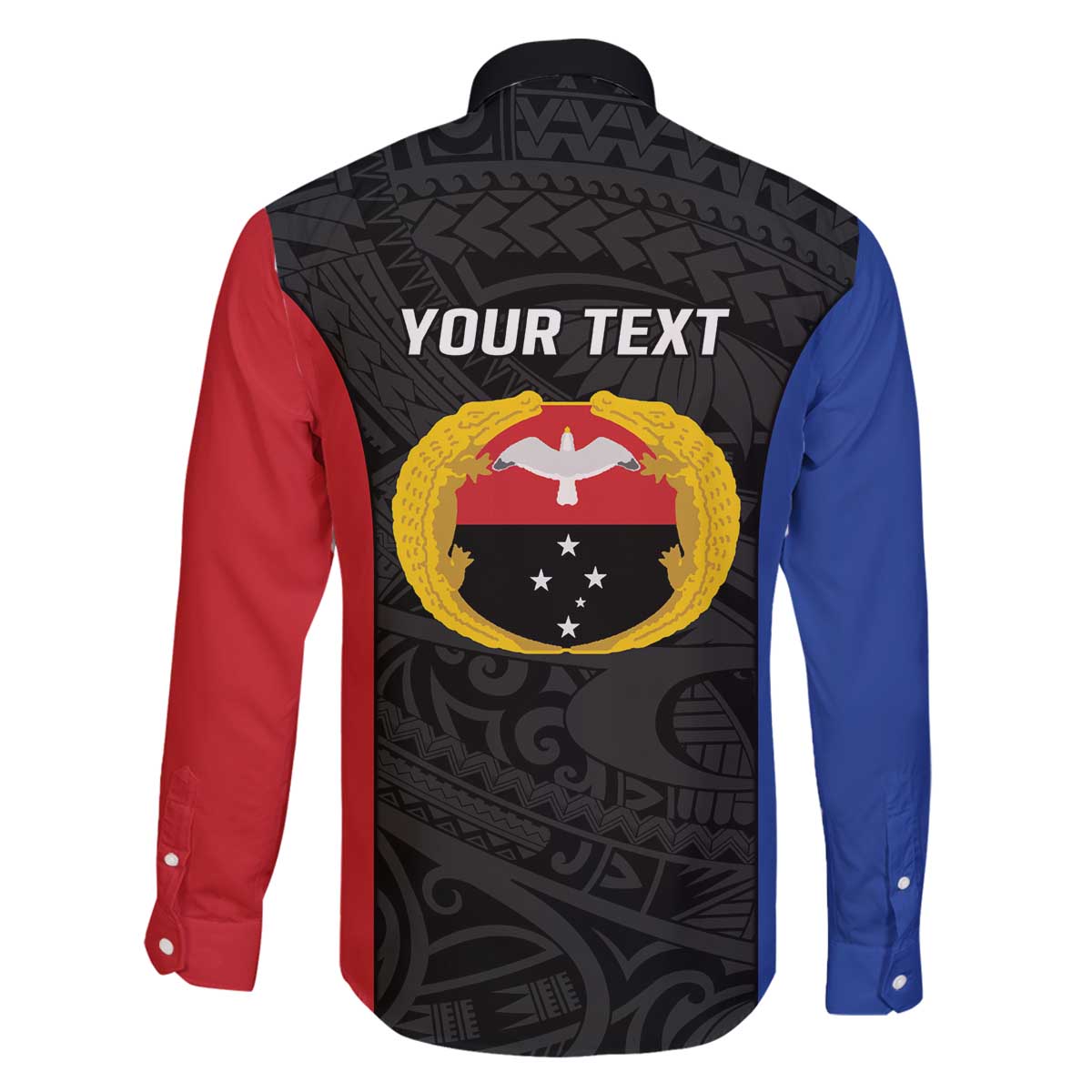 Personalised PNG Gulf Province Family Matching Off The Shoulder Long Sleeve Dress and Hawaiian Shirt Bird of Paradise Tattoo Flag Motif - Polynesian Pride