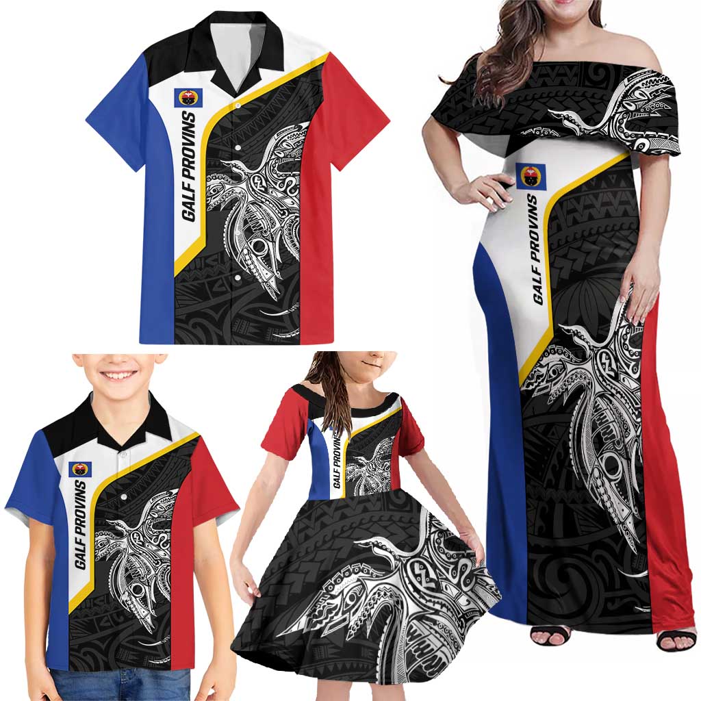 Personalised PNG Gulf Province Family Matching Off Shoulder Maxi Dress and Hawaiian Shirt Bird of Paradise Tattoo Flag Motif - Polynesian Pride
