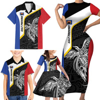 Personalised PNG Gulf Province Family Matching Short Sleeve Bodycon Dress and Hawaiian Shirt Bird of Paradise Tattoo Flag Motif - Polynesian Pride