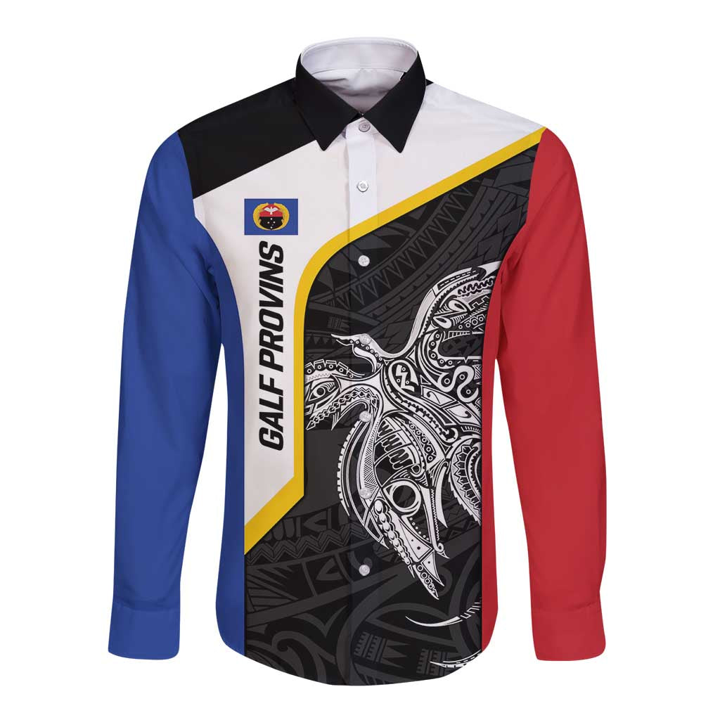 Personalised PNG Gulf Province Long Sleeve Button Shirt Bird of Paradise Tattoo Flag Motif - Polynesian Pride