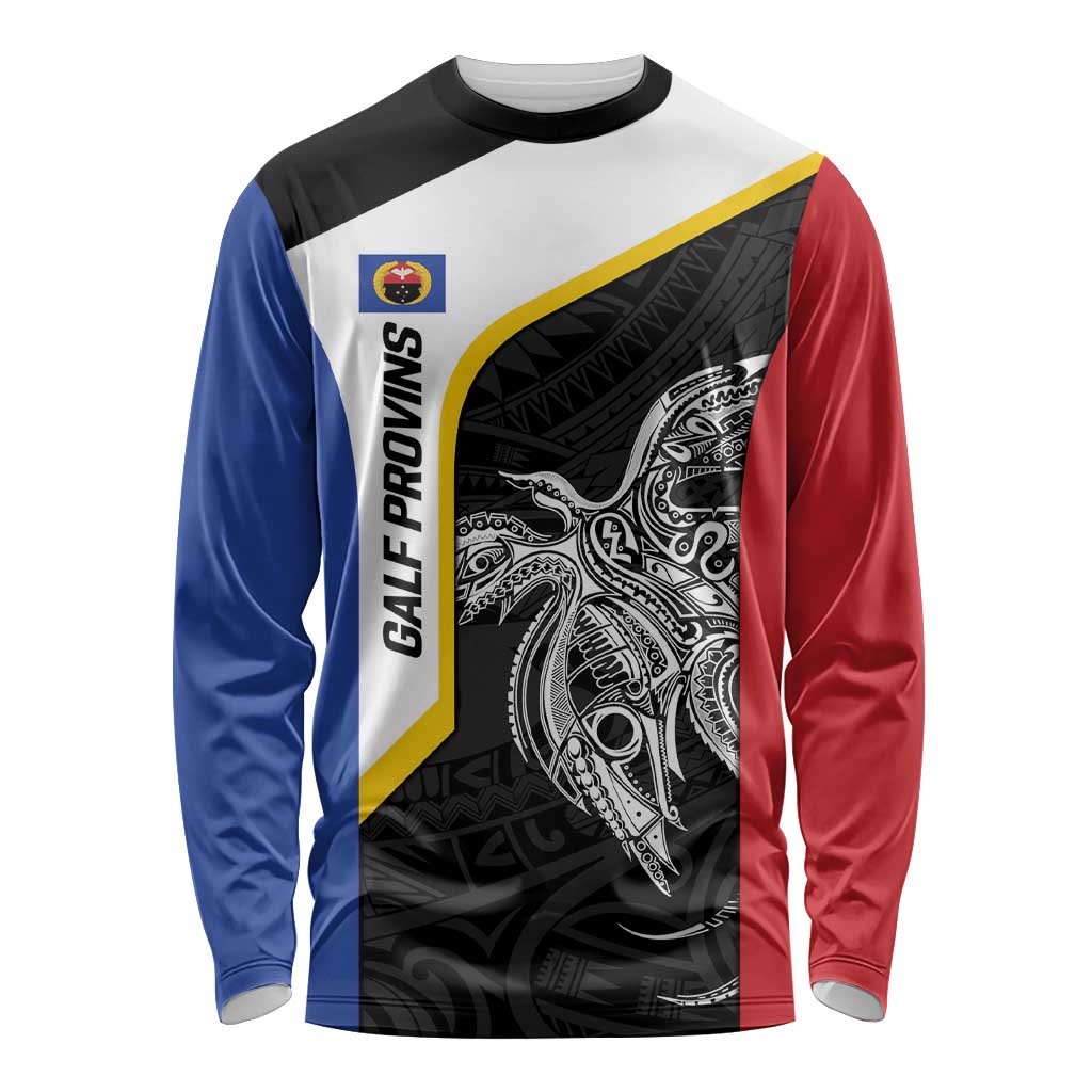 Personalised PNG Gulf Province Long Sleeve Shirt Bird of Paradise Tattoo Flag Motif - Polynesian Pride