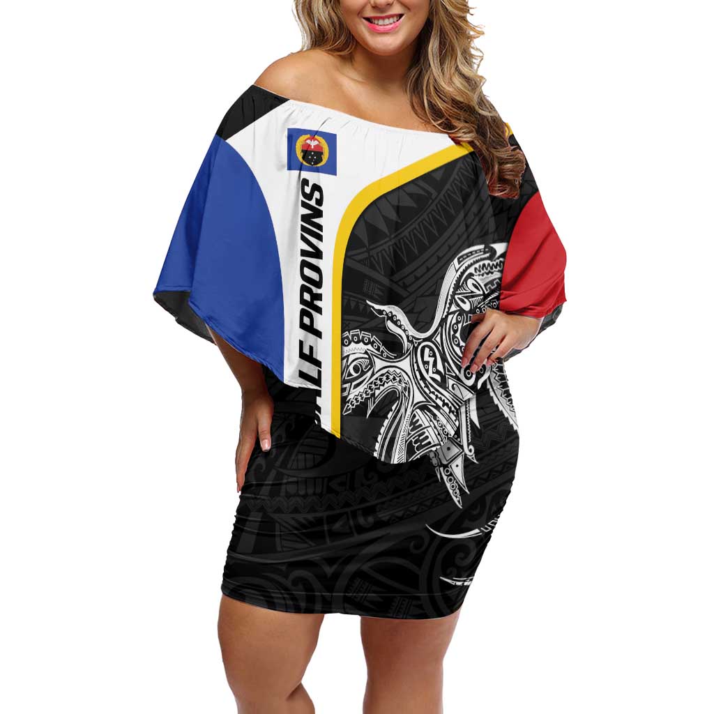 Personalised PNG Gulf Province Off Shoulder Short Dress Bird of Paradise Tattoo Flag Motif - Polynesian Pride