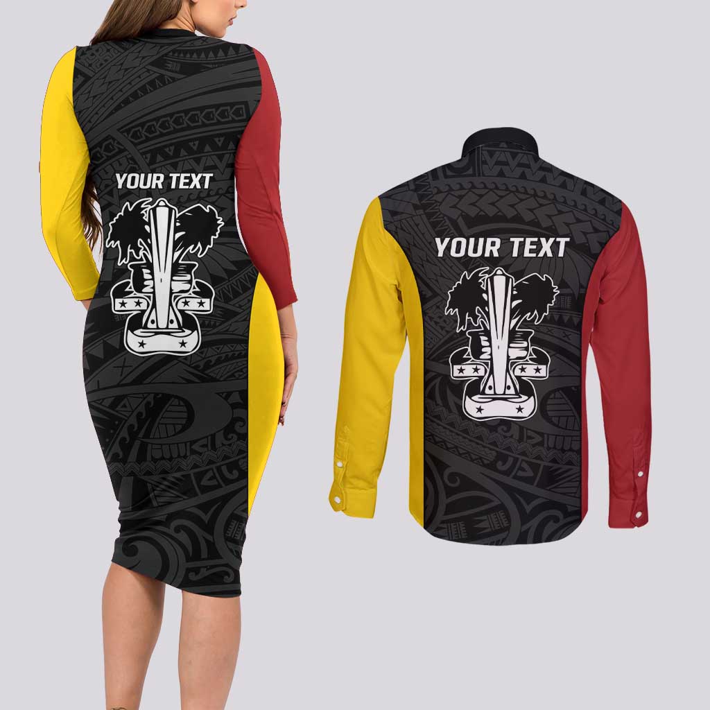 Personalised PNG Madang Province Couples Matching Long Sleeve Bodycon Dress and Long Sleeve Button Shirt Bird of Paradise Tattoo Flag Motif - Polynesian Pride