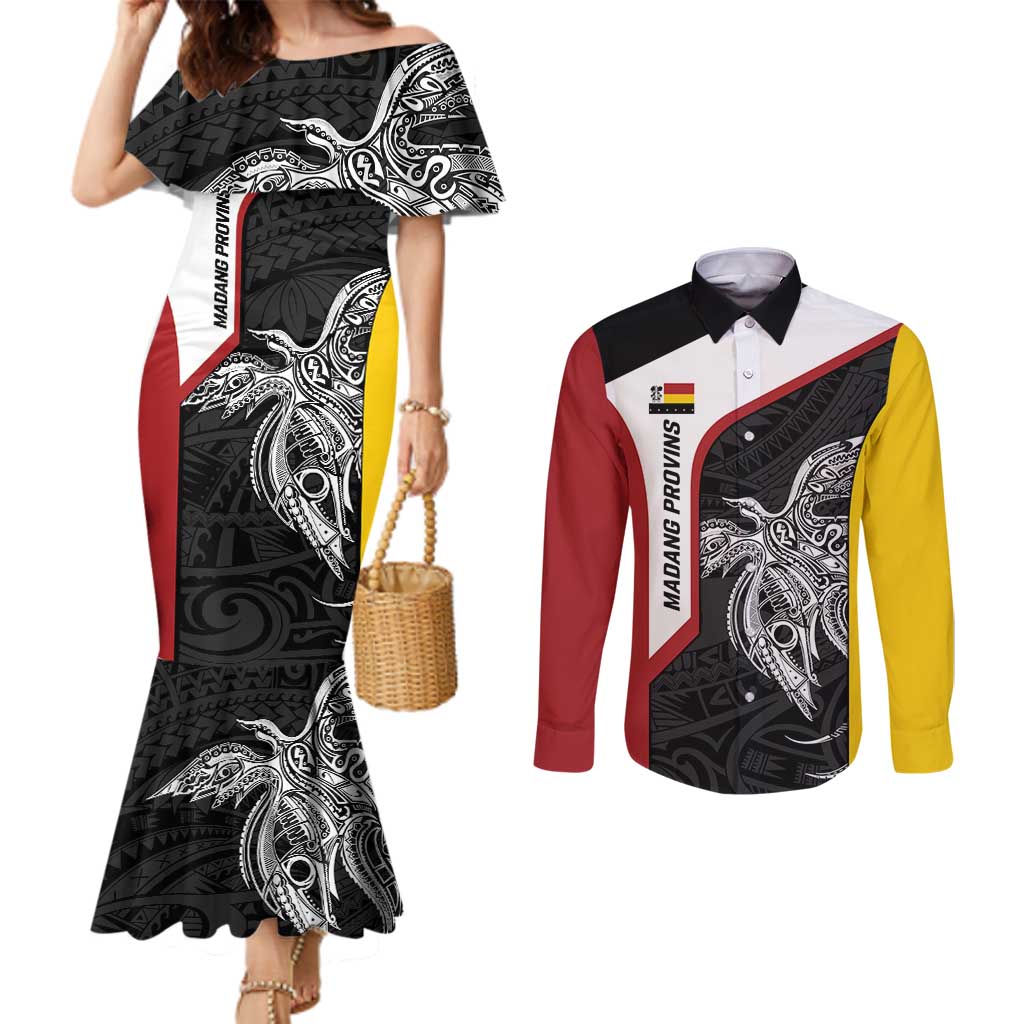 Personalised PNG Madang Province Couples Matching Mermaid Dress and Long Sleeve Button Shirt Bird of Paradise Tattoo Flag Motif - Polynesian Pride