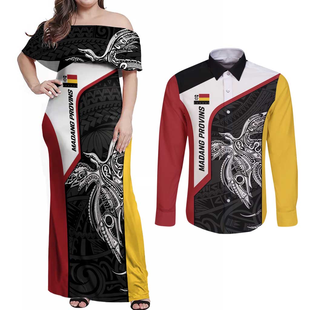 Personalised PNG Madang Province Couples Matching Off Shoulder Maxi Dress and Long Sleeve Button Shirt Bird of Paradise Tattoo Flag Motif - Polynesian Pride