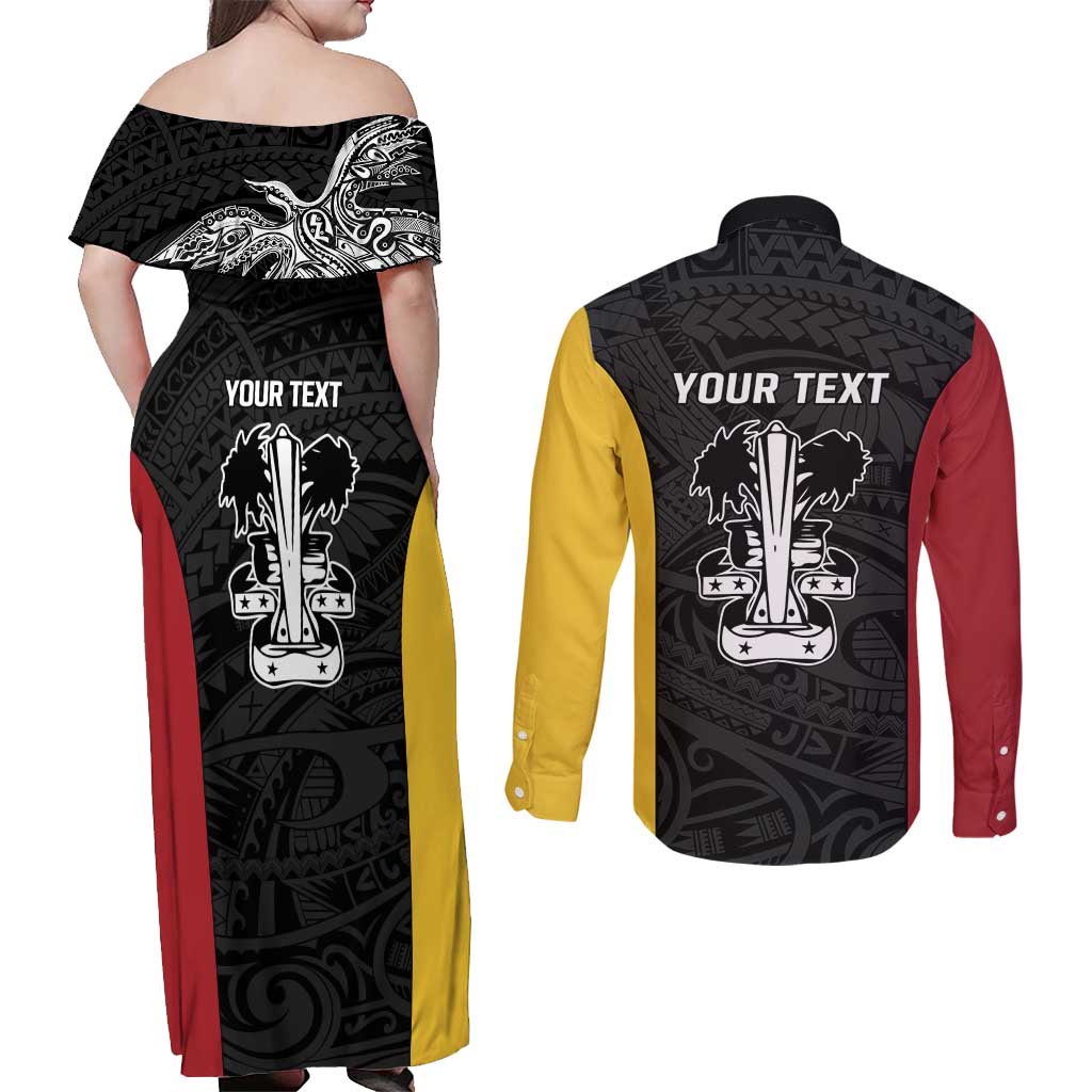 Personalised PNG Madang Province Couples Matching Off Shoulder Maxi Dress and Long Sleeve Button Shirt Bird of Paradise Tattoo Flag Motif - Polynesian Pride