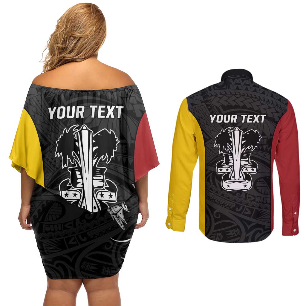 Personalised PNG Madang Province Couples Matching Off Shoulder Short Dress and Long Sleeve Button Shirt Bird of Paradise Tattoo Flag Motif - Polynesian Pride