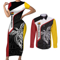 Personalised PNG Madang Province Couples Matching Short Sleeve Bodycon Dress and Long Sleeve Button Shirt Bird of Paradise Tattoo Flag Motif - Polynesian Pride