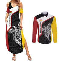 Personalised PNG Madang Province Couples Matching Summer Maxi Dress and Long Sleeve Button Shirt Bird of Paradise Tattoo Flag Motif - Polynesian Pride
