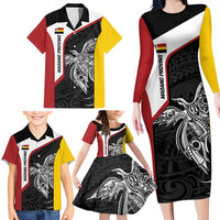 Personalised PNG Madang Province Family Matching Long Sleeve Bodycon Dress and Hawaiian Shirt Bird of Paradise Tattoo Flag Motif - Polynesian Pride