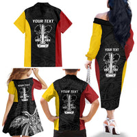 Personalised PNG Madang Province Family Matching Off The Shoulder Long Sleeve Dress and Hawaiian Shirt Bird of Paradise Tattoo Flag Motif - Polynesian Pride