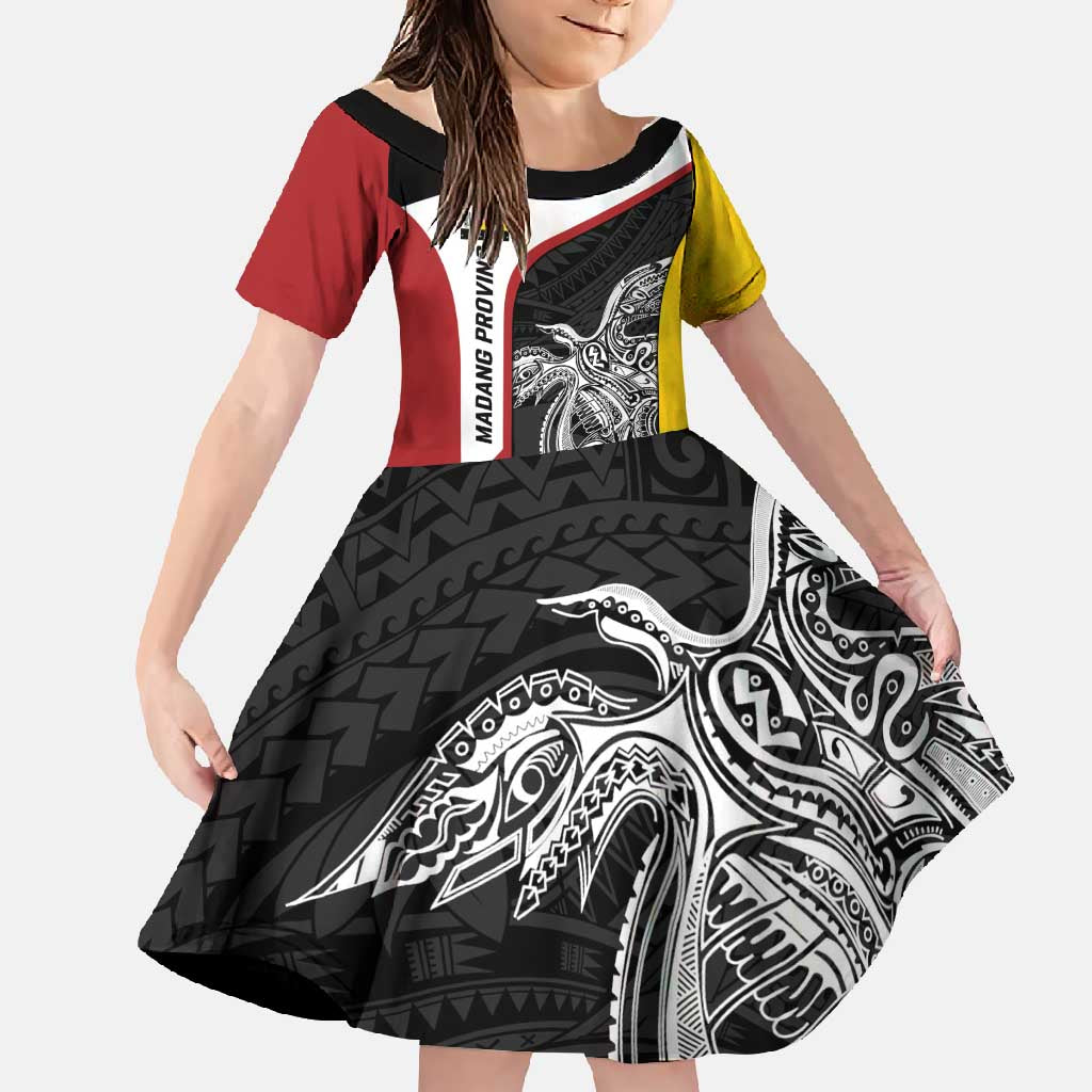Personalised PNG Madang Province Family Matching Short Sleeve Bodycon Dress and Hawaiian Shirt Bird of Paradise Tattoo Flag Motif - Polynesian Pride