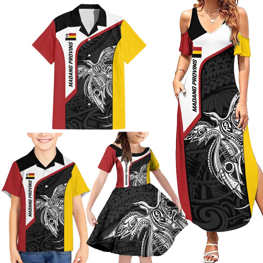 Personalised PNG Madang Province Family Matching Summer Maxi Dress and Hawaiian Shirt Bird of Paradise Tattoo Flag Motif - Polynesian Pride