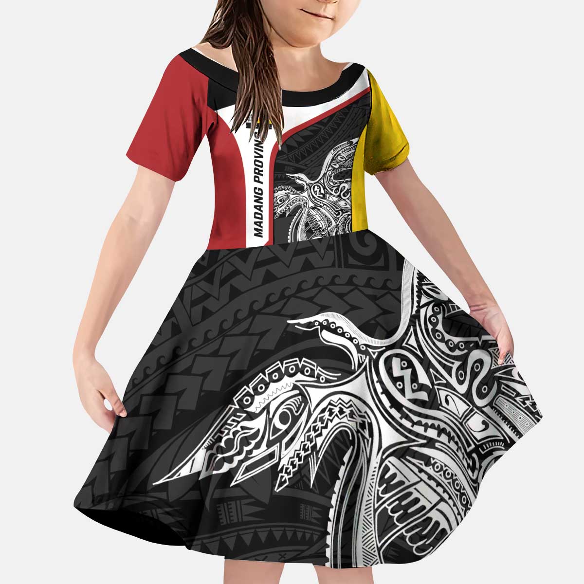 Personalised PNG Madang Province Kid Short Sleeve Dress Bird of Paradise Tattoo Flag Motif - Polynesian Pride