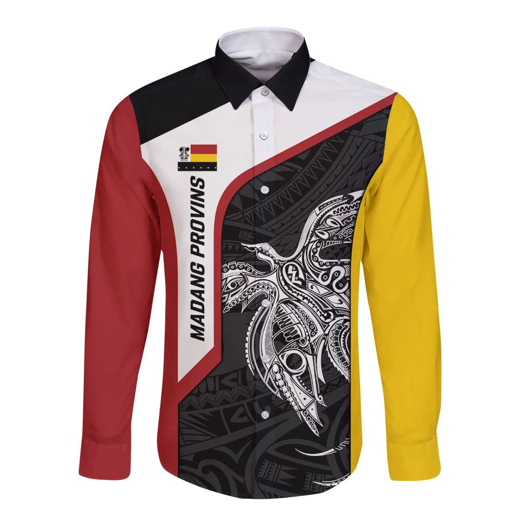 Personalised PNG Madang Province Long Sleeve Button Shirt Bird of Paradise Tattoo Flag Motif - Polynesian Pride