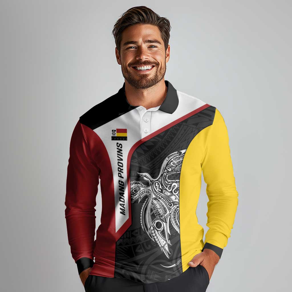 Personalised PNG Madang Province Long Sleeve Polo Shirt Bird of Paradise Tattoo Flag Motif - Polynesian Pride