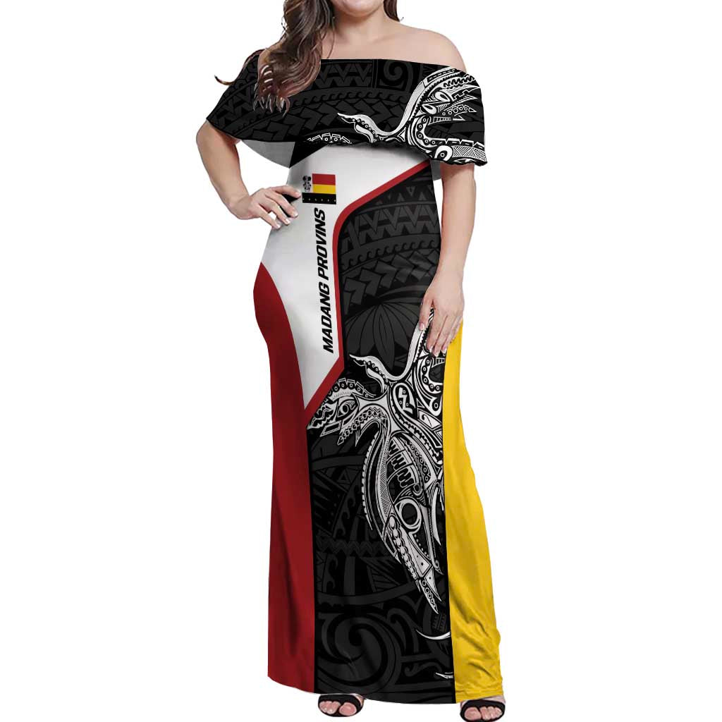 Personalised PNG Madang Province Off Shoulder Maxi Dress Bird of Paradise Tattoo Flag Motif - Polynesian Pride