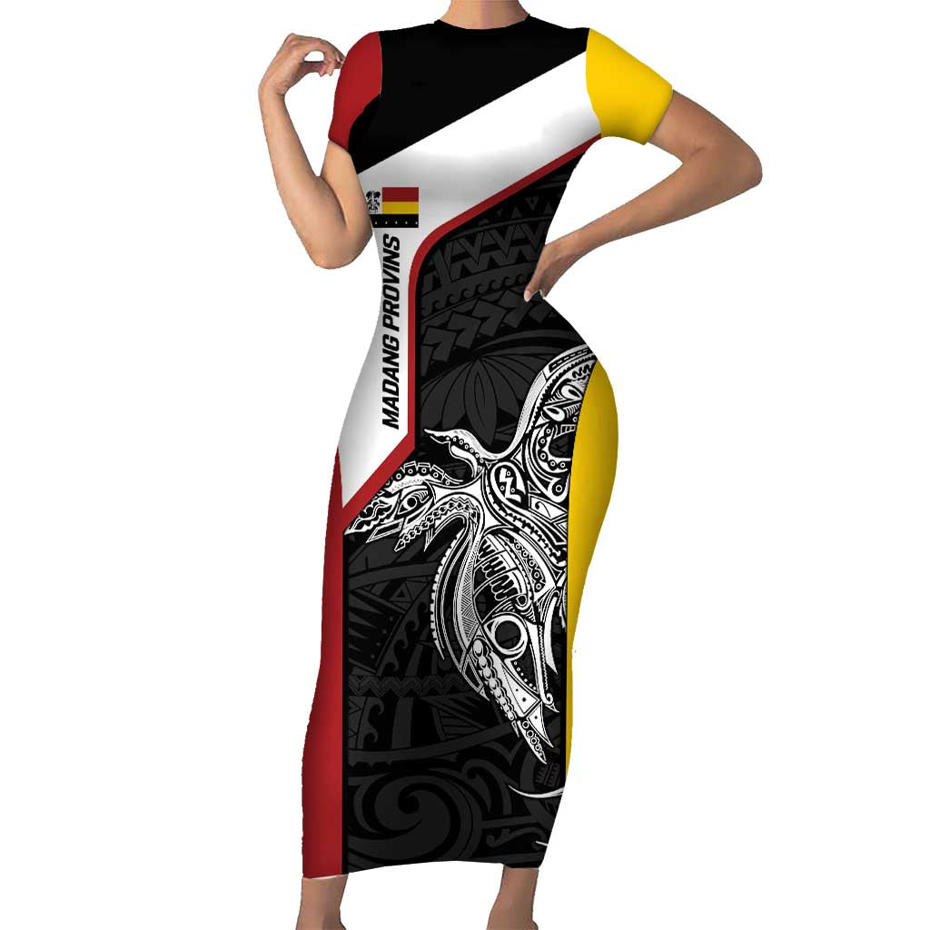 Personalised PNG Madang Province Short Sleeve Bodycon Dress Bird of Paradise Tattoo Flag Motif - Polynesian Pride
