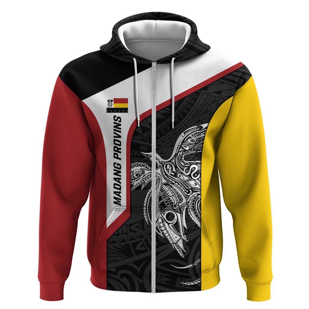 Personalised PNG Madang Province Zip Hoodie Bird of Paradise Tattoo Flag Motif - Polynesian Pride