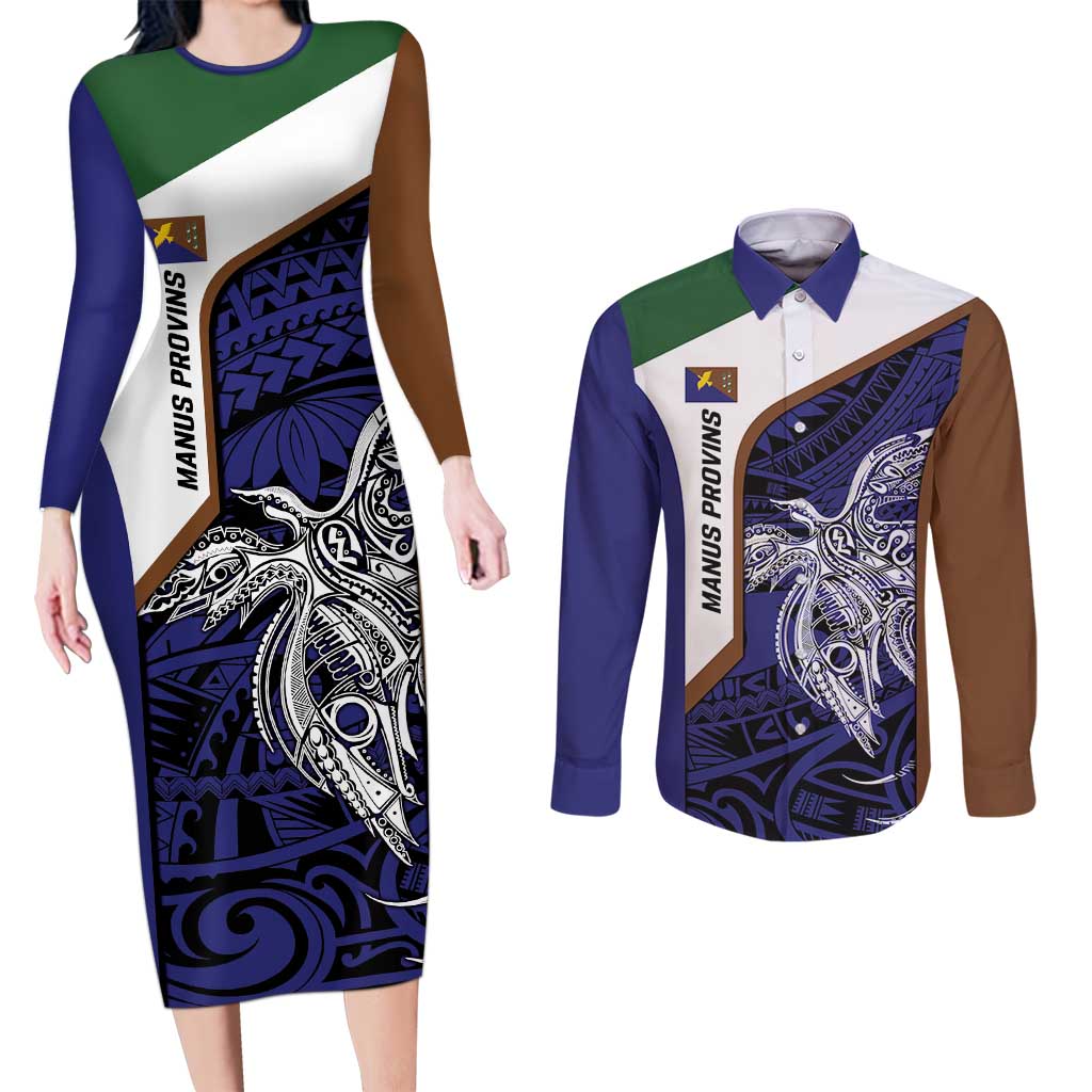 Personalised PNG Manus Province Couples Matching Long Sleeve Bodycon Dress and Long Sleeve Button Shirt Bird of Paradise Tattoo Flag Motif - Polynesian Pride