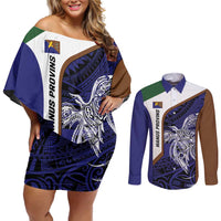 Personalised PNG Manus Province Couples Matching Off Shoulder Short Dress and Long Sleeve Button Shirt Bird of Paradise Tattoo Flag Motif - Polynesian Pride