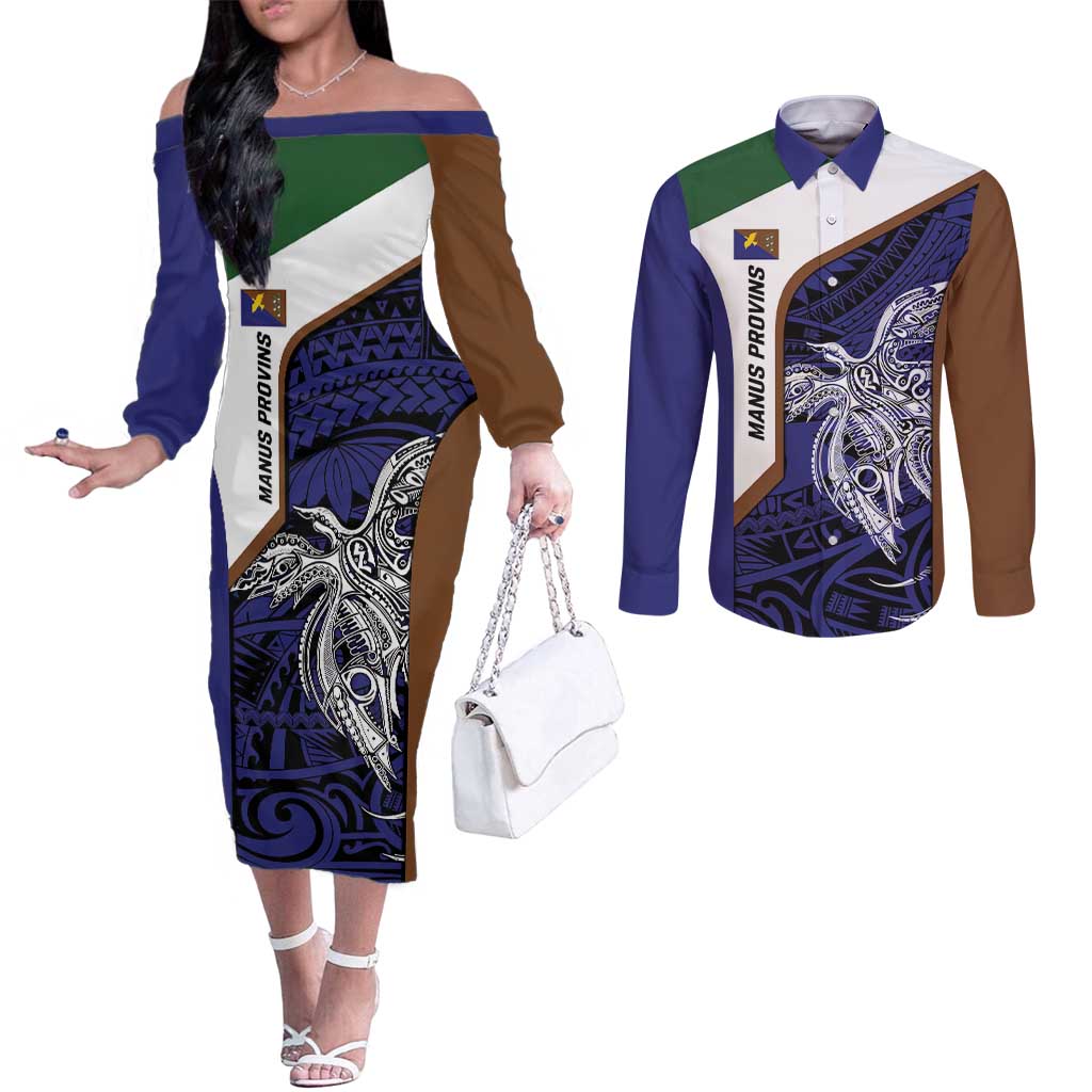 Personalised PNG Manus Province Couples Matching Off The Shoulder Long Sleeve Dress and Long Sleeve Button Shirt Bird of Paradise Tattoo Flag Motif - Polynesian Pride