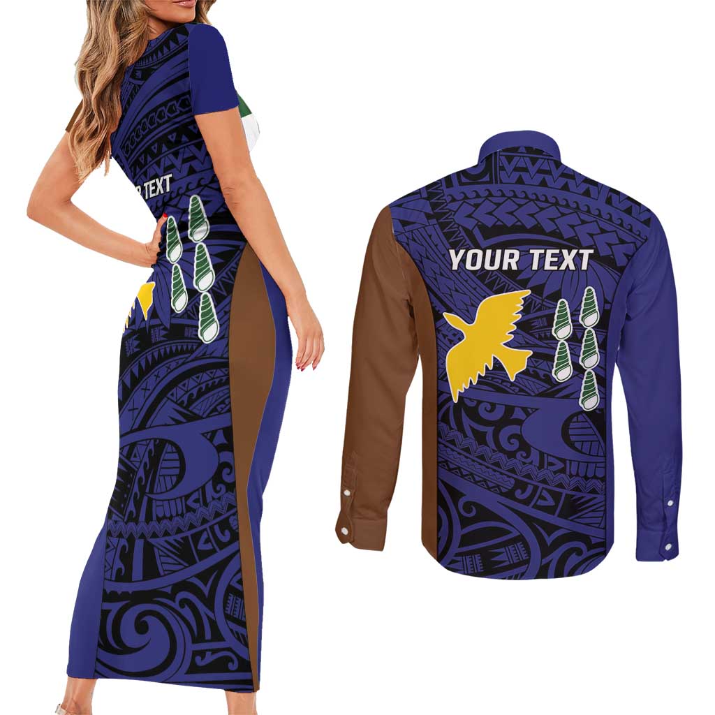 Personalised PNG Manus Province Couples Matching Short Sleeve Bodycon Dress and Long Sleeve Button Shirt Bird of Paradise Tattoo Flag Motif - Polynesian Pride