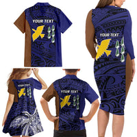 Personalised PNG Manus Province Family Matching Long Sleeve Bodycon Dress and Hawaiian Shirt Bird of Paradise Tattoo Flag Motif - Polynesian Pride