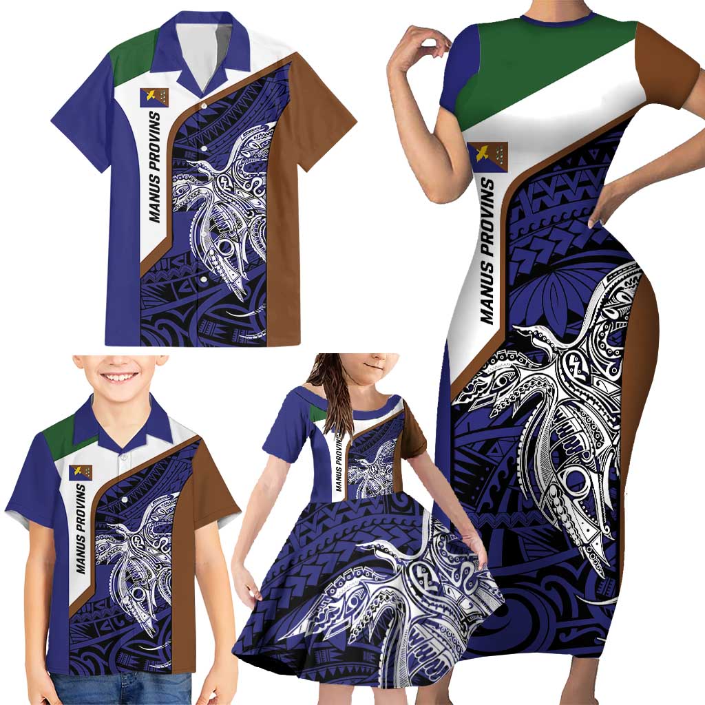 Personalised PNG Manus Province Family Matching Short Sleeve Bodycon Dress and Hawaiian Shirt Bird of Paradise Tattoo Flag Motif - Polynesian Pride