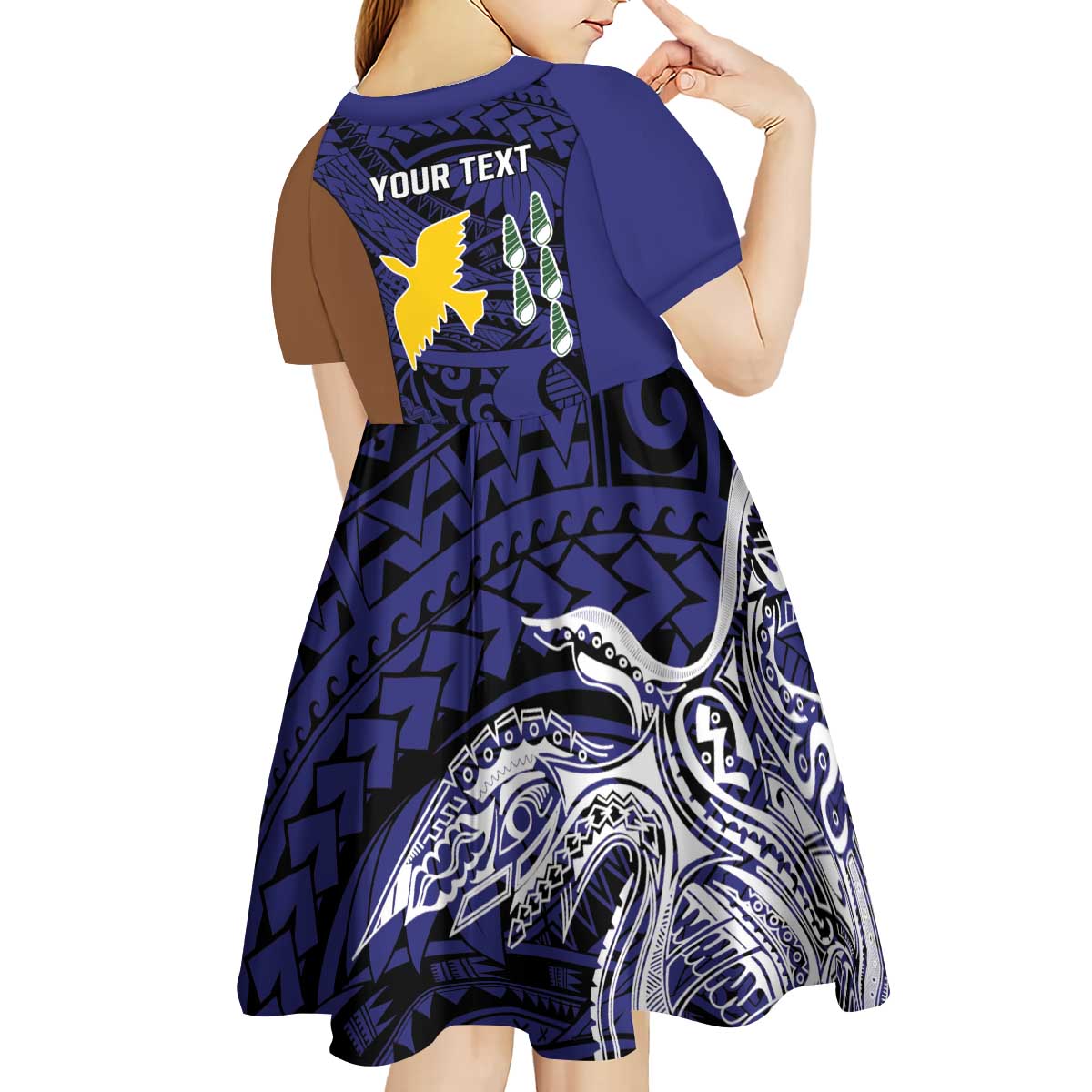 Personalised PNG Manus Province Kid Short Sleeve Dress Bird of Paradise Tattoo Flag Motif - Polynesian Pride