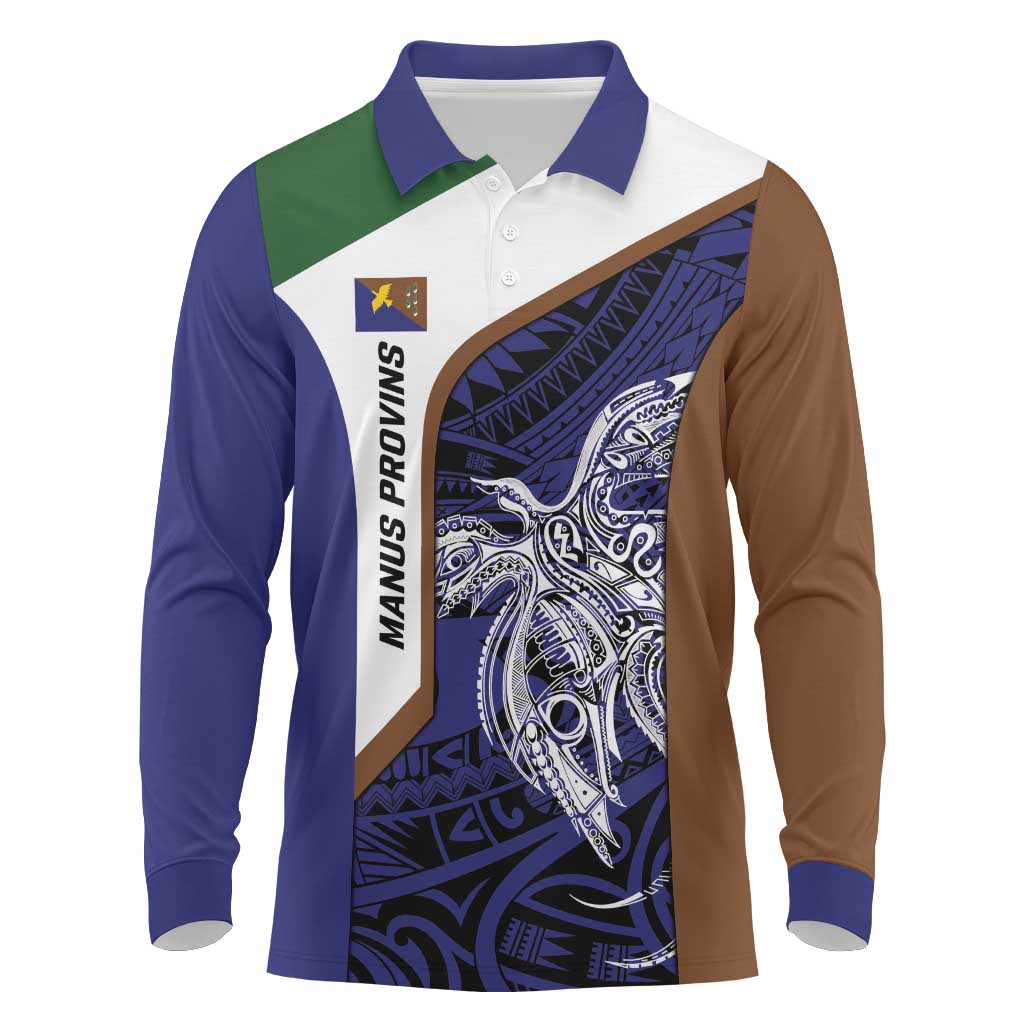 Personalised PNG Manus Province Long Sleeve Polo Shirt Bird of Paradise Tattoo Flag Motif - Polynesian Pride