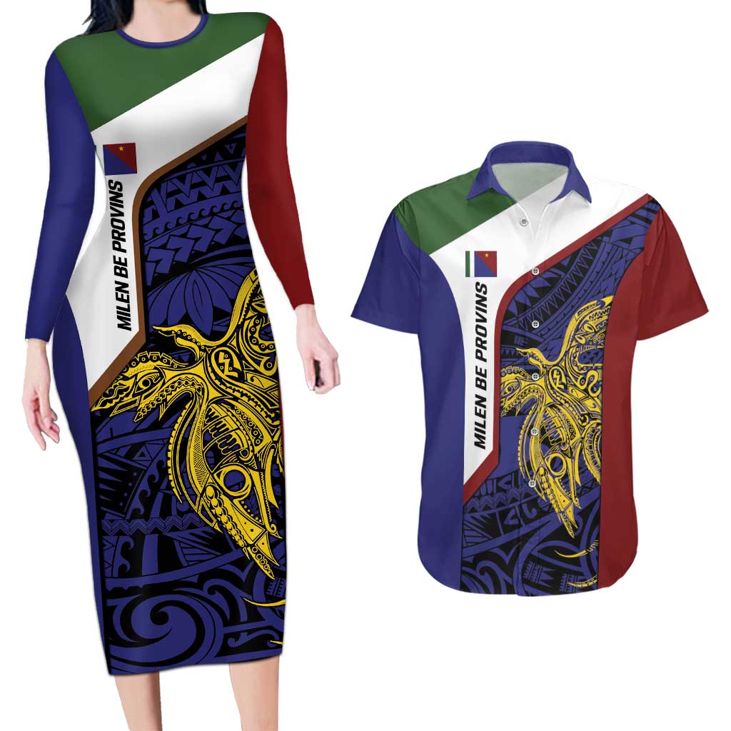 Personalised PNG Milne Bay Province Couples Matching Long Sleeve Bodycon Dress and Hawaiian Shirt Bird of Paradise Tattoo Flag Motif - Polynesian Pride