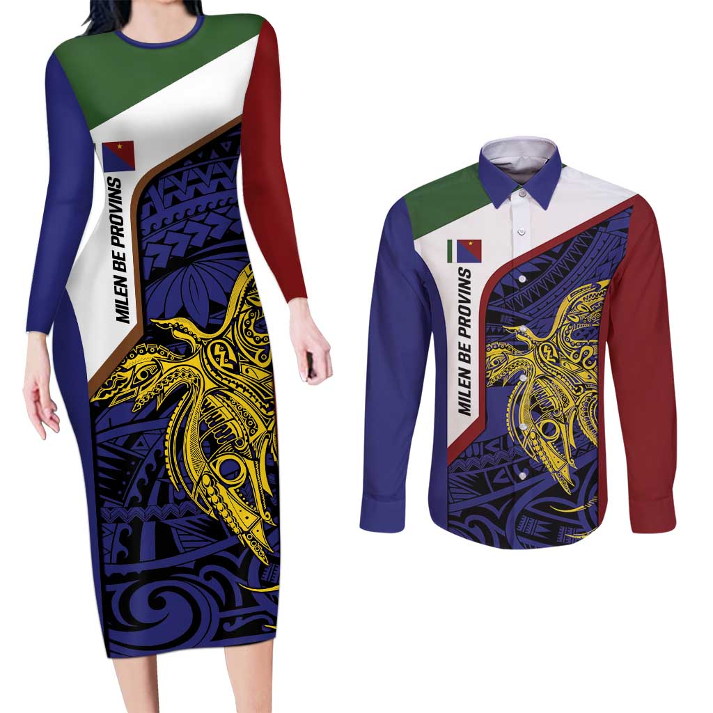 Personalised PNG Milne Bay Province Couples Matching Long Sleeve Bodycon Dress and Long Sleeve Button Shirt Bird of Paradise Tattoo Flag Motif - Polynesian Pride
