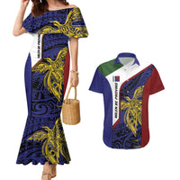 Personalised PNG Milne Bay Province Couples Matching Mermaid Dress and Hawaiian Shirt Bird of Paradise Tattoo Flag Motif - Polynesian Pride