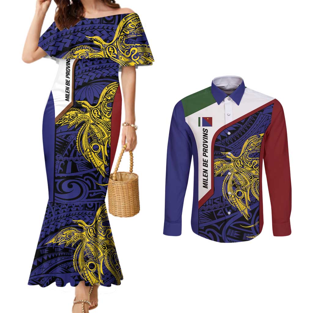 Personalised PNG Milne Bay Province Couples Matching Mermaid Dress and Long Sleeve Button Shirt Bird of Paradise Tattoo Flag Motif - Polynesian Pride