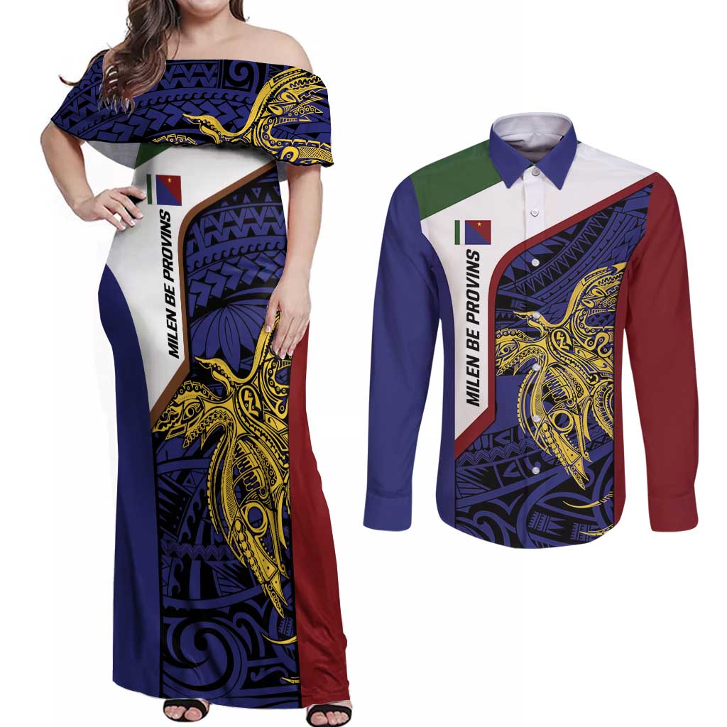 Personalised PNG Milne Bay Province Couples Matching Off Shoulder Maxi Dress and Long Sleeve Button Shirt Bird of Paradise Tattoo Flag Motif - Polynesian Pride