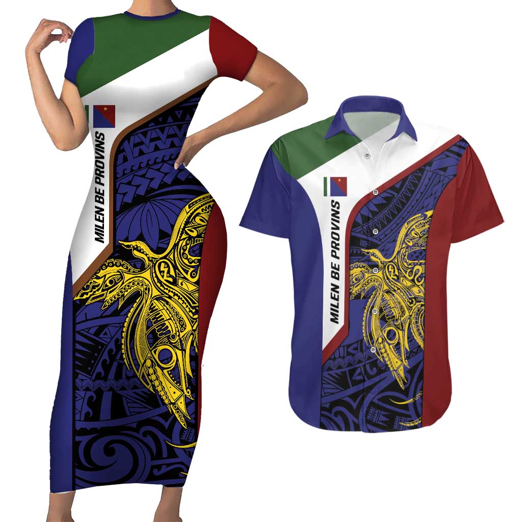 Personalised PNG Milne Bay Province Couples Matching Short Sleeve Bodycon Dress and Hawaiian Shirt Bird of Paradise Tattoo Flag Motif - Polynesian Pride