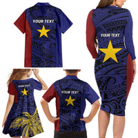 Personalised PNG Milne Bay Province Family Matching Long Sleeve Bodycon Dress and Hawaiian Shirt Bird of Paradise Tattoo Flag Motif - Polynesian Pride