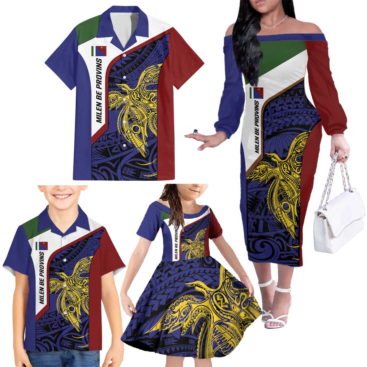 Personalised PNG Milne Bay Province Family Matching Off The Shoulder Long Sleeve Dress and Hawaiian Shirt Bird of Paradise Tattoo Flag Motif - Polynesian Pride