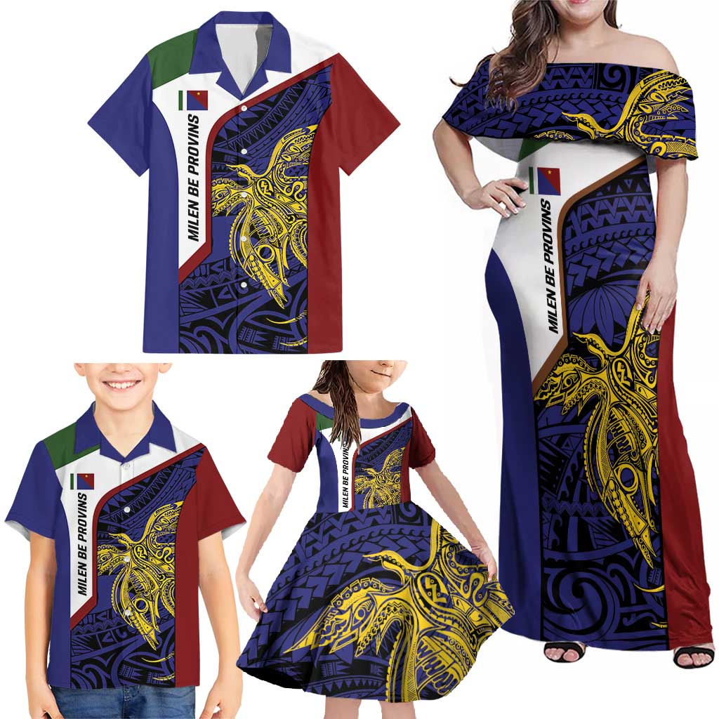 Personalised PNG Milne Bay Province Family Matching Off Shoulder Maxi Dress and Hawaiian Shirt Bird of Paradise Tattoo Flag Motif - Polynesian Pride