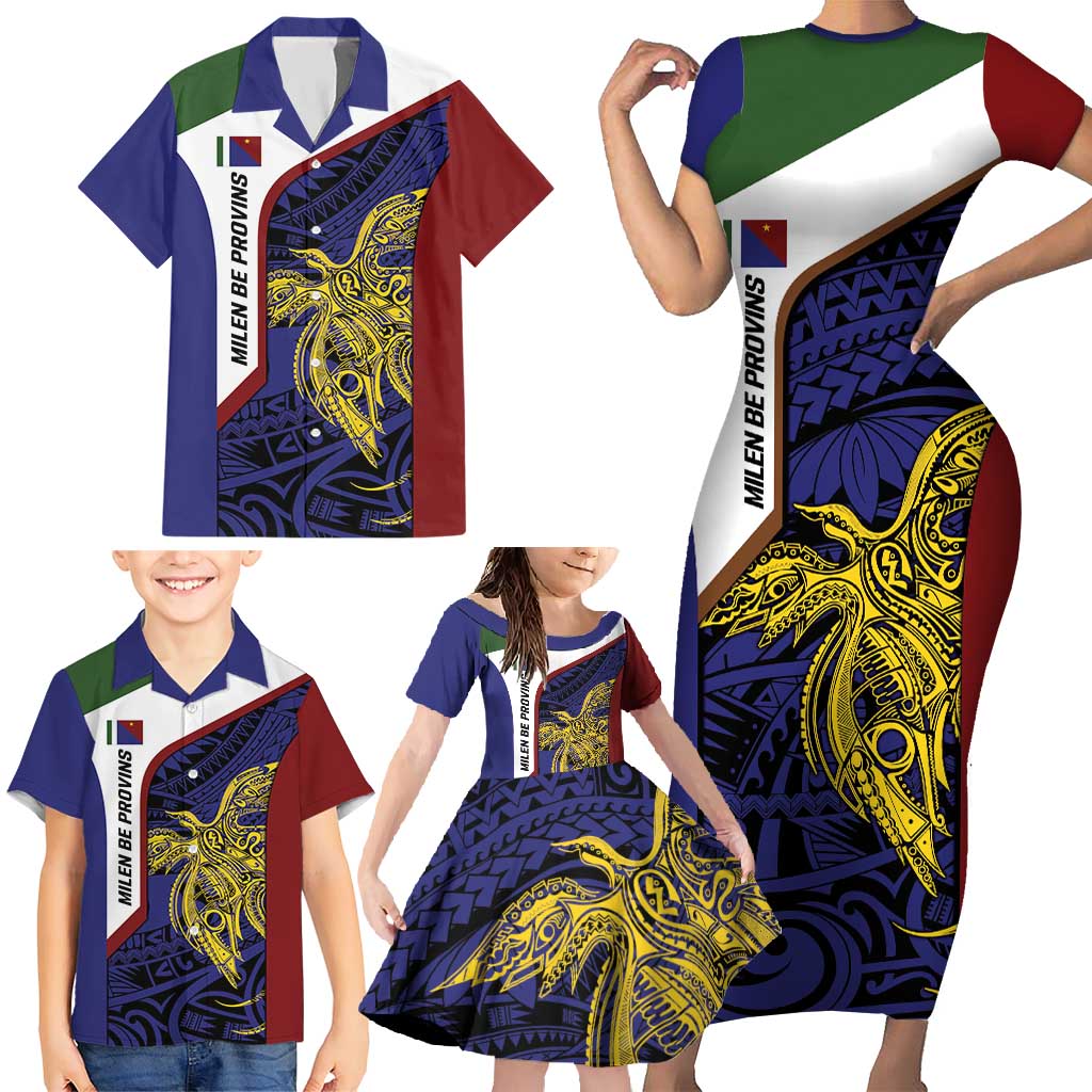 Personalised PNG Milne Bay Province Family Matching Short Sleeve Bodycon Dress and Hawaiian Shirt Bird of Paradise Tattoo Flag Motif - Polynesian Pride