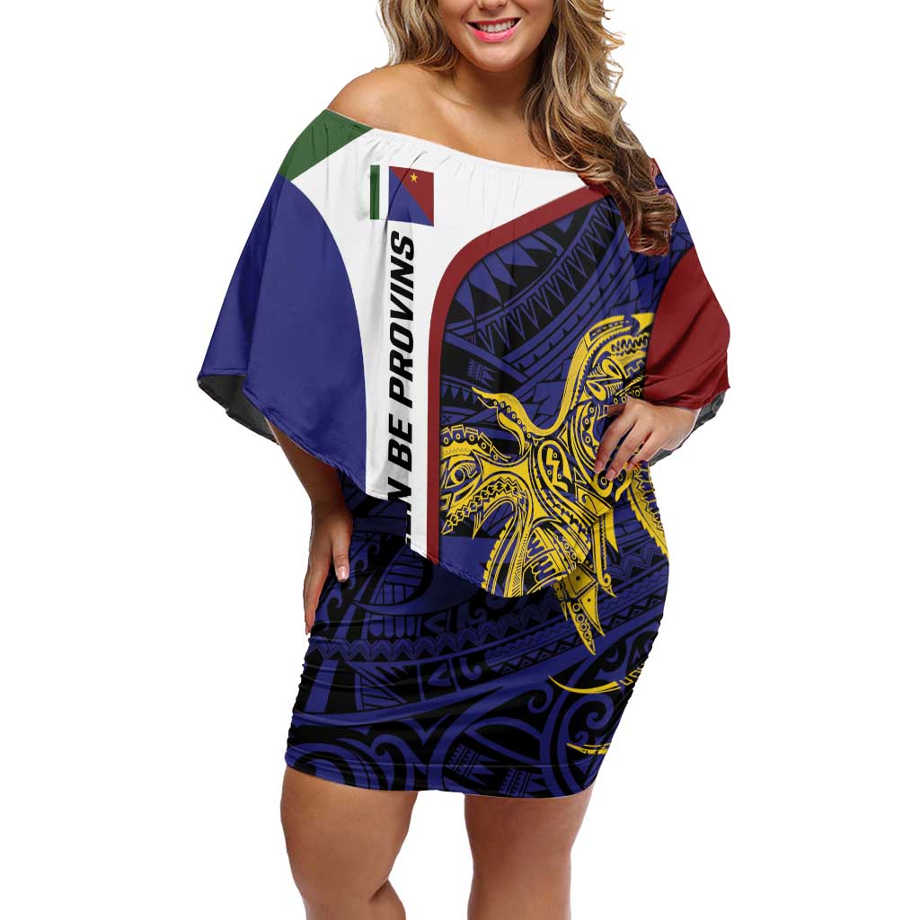 Personalised PNG Milne Bay Province Off Shoulder Short Dress Bird of Paradise Tattoo Flag Motif - Polynesian Pride