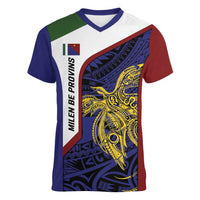 Personalised PNG Milne Bay Province Women V-Neck T-Shirt Bird of Paradise Tattoo Flag Motif - Polynesian Pride