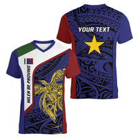 Personalised PNG Milne Bay Province Women V-Neck T-Shirt Bird of Paradise Tattoo Flag Motif - Polynesian Pride